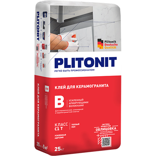 Клей для плитки/ керамогранита/ клинкерной плитки Плитонит B усиленый армирующими волокнами серый (класс C1 T) 25кг