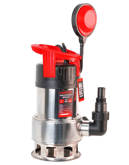 Насос дренажный фекальник для грязной воды Verton AQUA DP750/35SE (мощн.750Вт.,напр. 230/50 В/Гц.,макс. выс.8 м.,произв.225 л/мин.,макс.темп. 35.,IPX8, нижн.забор воды.,диаметр частиц 35мм.нержав.корпус,внешний поплавок)