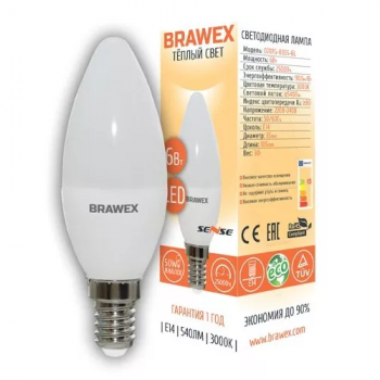 Лампа светодиодная  5Вт BRAWEX свеча Е14 3000К 540Лм