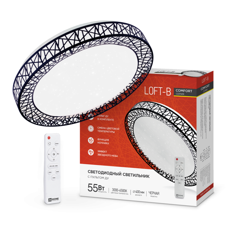 Светильник светодиодный COMFORT LOFT-B 55Вт 230В 3000-6500K 4400Лм 395x105мм с пультом ДУ IN HOME