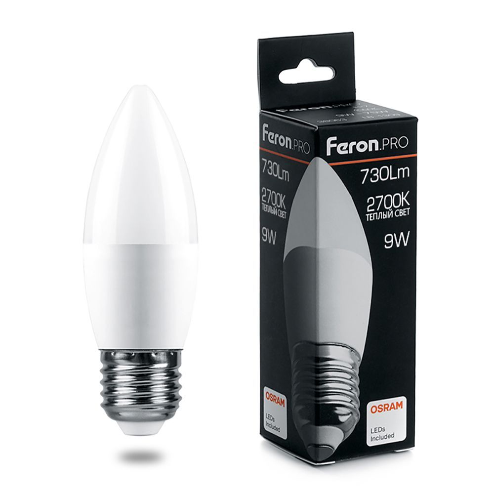 Лампа светодиодная  9Вт Е27 С37 220В 2700К свеча LB-1309 &quot;FERON PRO&quot;