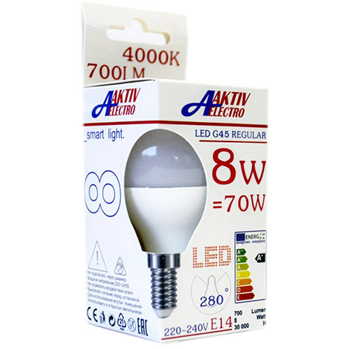 Лампа светодиодная  8Вт Е14 P45 220В 4000К 700Лм шар матовый LED-G45-Regular "AKTIV ELECTRO"