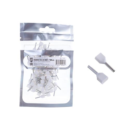 Наконечник штыревой втулочный изолированный (двойной) НШВИ(2) 0,5-8 "КВТ", сечение: 2*0,5мм2, длина: 8мм, манжета: белый ПВХ 100шт