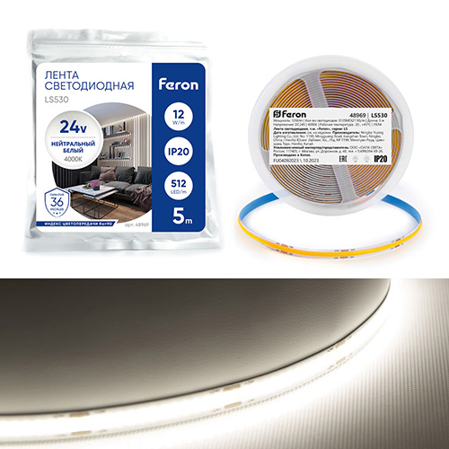 Лента светодиодная 512SMD(2110) 12Вт/м 24V 5000*10*1.8мм IP20 4000К, LS530 FERON
