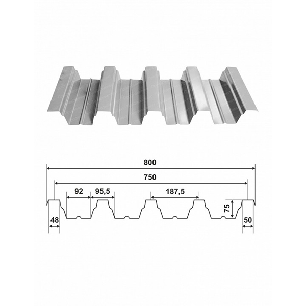 Профнастил Н-75 оцинкованный 12000*800*0,75мм, 9,6м2
