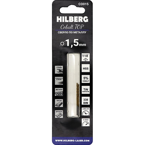 Сверло по металлу 1,5*40(18)мм (2шт) Hilberg Cobalt 5% TOP