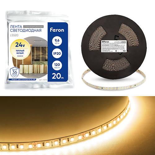 Лента светодиодная 120SMD(2835)/м 11Вт/м 24V 20000*10*1.22мм 3000К, LS520 FERON