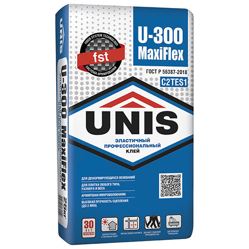 Клей для крупноформатного керамогранита Юнис MAXIFLEX U-300 эластичный серый (класс C2 TE S1) 25кг