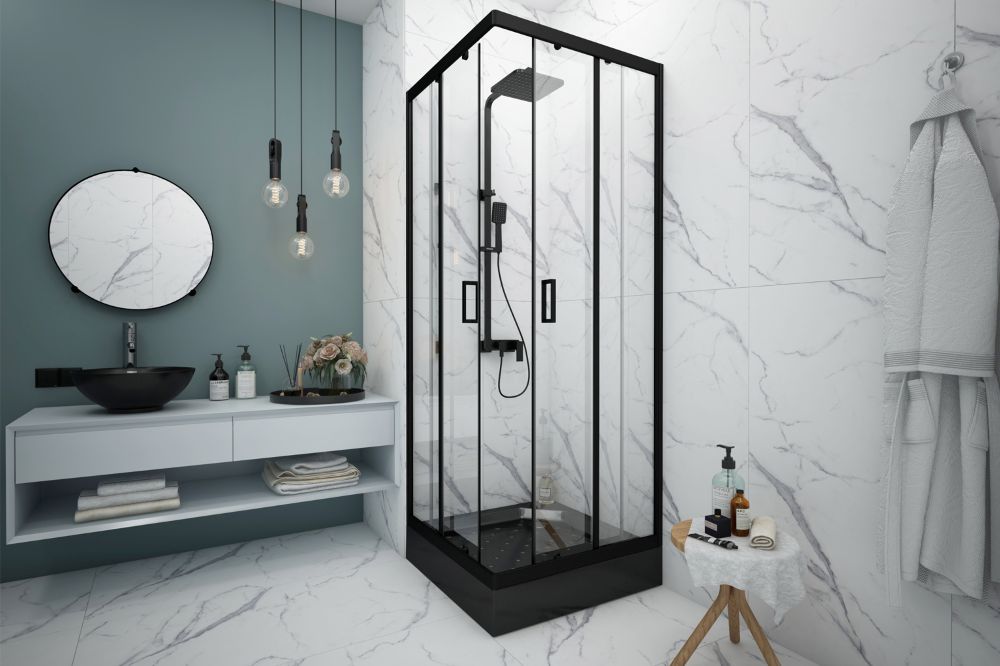 Душевой угол "Universal Black", 800*800 низкий поддон, черный, прозрачные стекла, без сифона