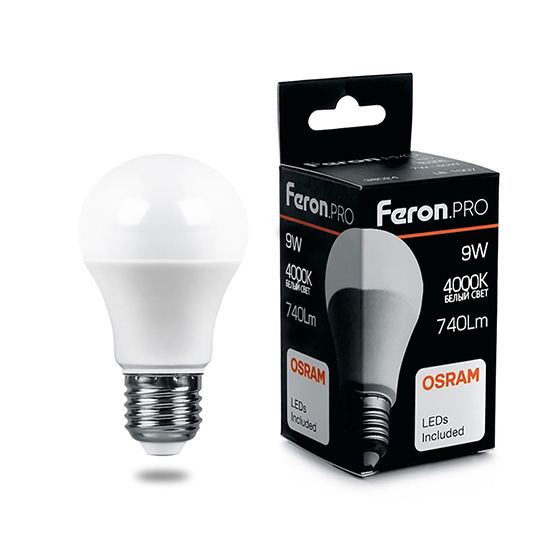 Лампа светодиодная A60  9Вт Е27 220В 4000К LB-1009 &quot;FERON PRO&quot;