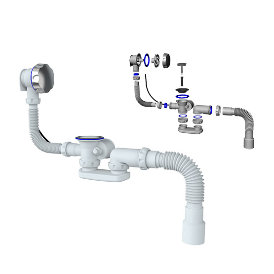 Сифон для ванны со стальным выпуском и полуавтоматическим переливом, с гофрой 40*50, S102, "Unicorn"