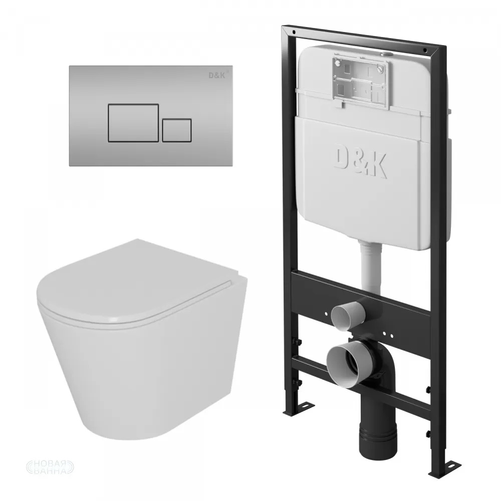 Унитаз &quot;D&K Venice DT1026016&quot; подвесной, безободковый, с инсталляцией &quot;D&K DI8055119&quot;, с кнопкой &quot;Quadro DB1519002&quot;, хром матовый