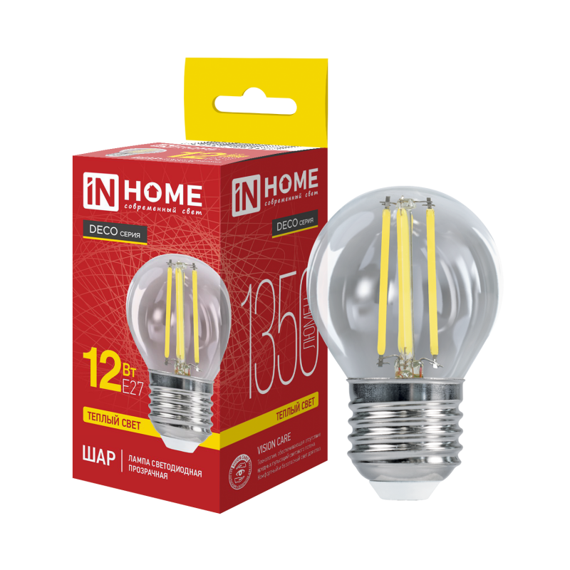 Лампа светодиодная 12Вт Е27 220В 3000К 1350Лм, прозрачный LED-шар deko "IN HOME"