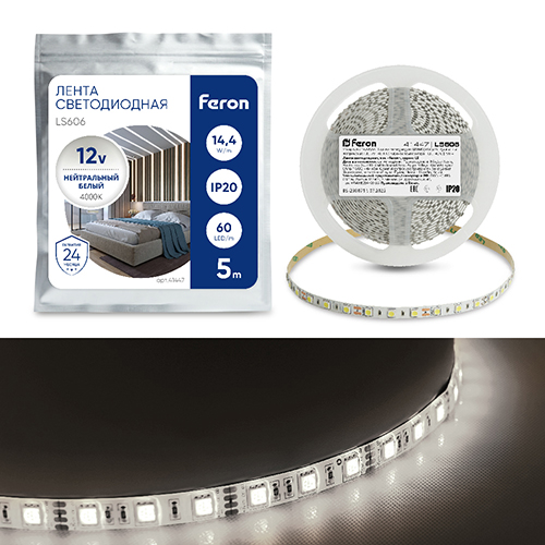 Лента светодиодная &quot;Feron&quot; LS606, 60SMD(5050), 12В, 5метров, 14,4Вт/м, IP20, белая 4000k