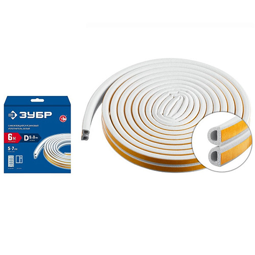 Уплотнитель D-профиль белый "Зубр Профессионал", резиновый самоклеящийся 6м*9мм*8мм