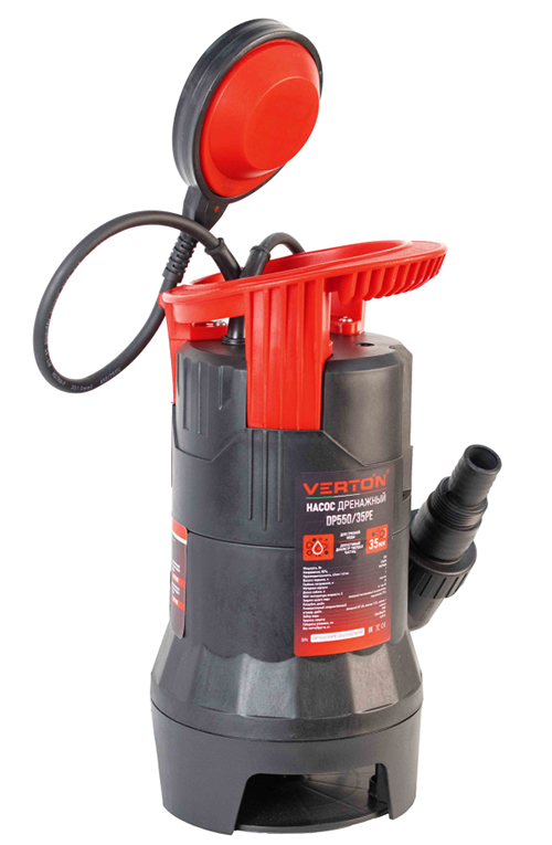 Насос дренажный фекальник для грязной воды Verton AQUA DP550/35PE (мощн.550Вт.,напр. 230/50 В/Гц.,макс. выс.7 м.,произв.190 л/мин.,макс.темп. 35.,IPX8.,нижн.забор воды.,диаметр частиц 35мм.,пласт.корпус,внешний поплавок)