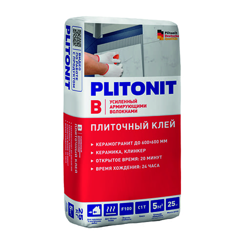 Клей для плитки/ керамогранита/ клинкерной плитки Плитонит B усиленый армирующими волокнами серый (класс C1 T) 25кг