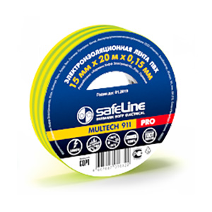 Изолента ПВХ "Safeline" 19мм*20м, жёлто-зелёная 1/200