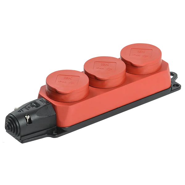 Розетка трёхместная с защитными крышками, каучуковая 2P+PE 16А/250В IP44, красная, Омега "ИЭК"