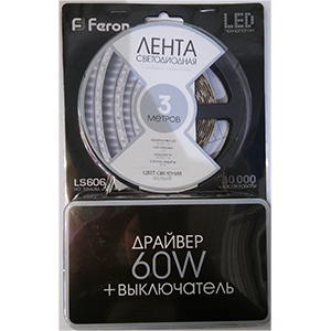 Лента светодиодная "Feron" SMD5050, 12В, 3метра, 60LED, 14,4Вт/м, IP20, цвет свечения: белый, с драйвером