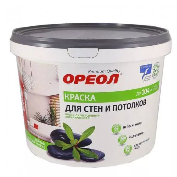 Краска водоэмульсионная для стен и потолков белоснежная "Ореол", 13кг