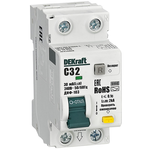 Автоматический выключатель АВДТ ДИФ-103 1P+N С 32А 30мА 6кА нов. "DEKraft"
