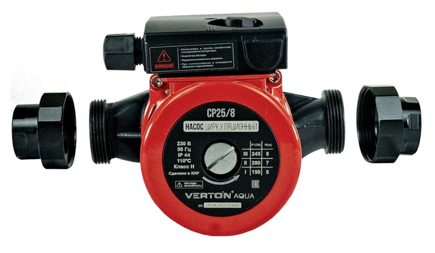 Насос циркуляционный Verton AQUA CP25/8 (Мощн.245/200/150Вт, 230 В//50 Гц, Q max 60/50/40 л/мин, H max 8/7/5 м, монтаж. дл. 180 мм, подкл. 38 мм, медная обмотка)