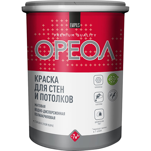 Краска водоэмульсионная для стен и потолков белоснежная "Ореол", 1,3кг