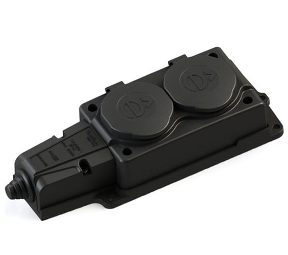 Розетка двухместная с защитными крышками, каучуковая 2P+PE 16А/250В IP44, чёрная, System Electric
