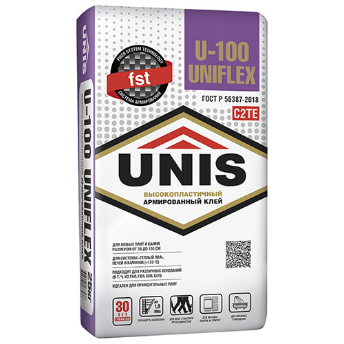 Клей для плитки/ керамогранита/ камня Юнис UNIFLEX U-100 эластичный серый (класс С2 TЕ) 25кг