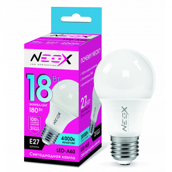 Лампа светодиодная "NEOX" A60, Е27, 18Вт, 220В, 4000К, 1620Лм, матовая