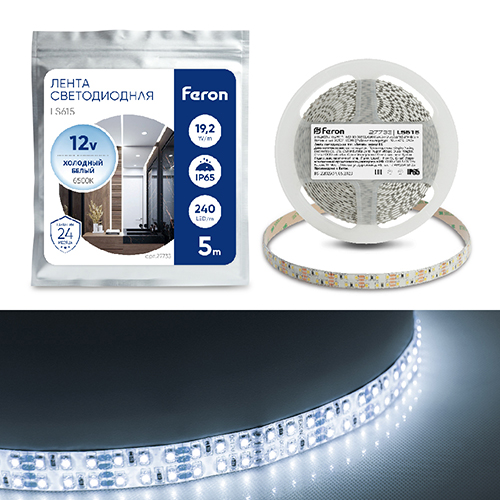 Лента светодиодная &quot;Feron&quot; LS615, 240SMD(2835), 12В, 5метров, 19,2Вт/м, IP65, белая 6500k