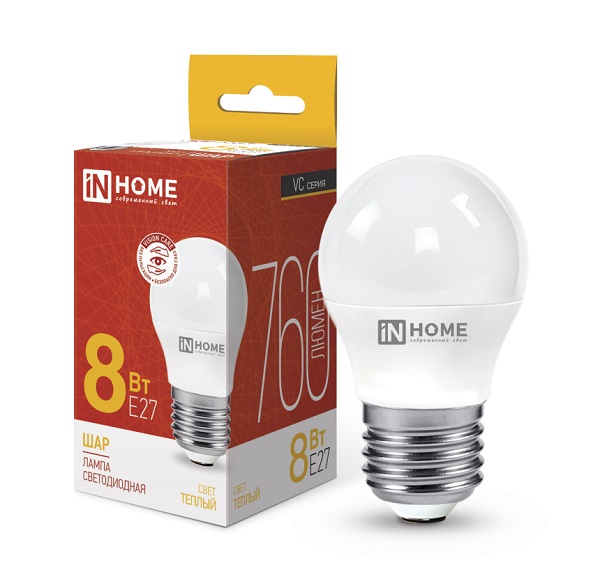 Лампа светодиодная  8Вт Е27 230В 3000К 760Лм LED-ШАР-VC &quot;IN HOME&quot; (1/100шт.)