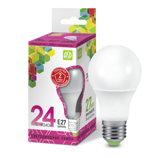 Лампа светодиодная A65 24Вт Е27 220В 6500К 2160Лм матовая  standard "ASD"