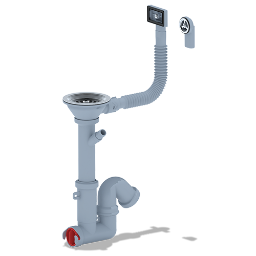 Сифон для мойки со стальным выпуском, прямоугольным и круглым переливом, с отводом под стиральную машину, прямоточный, 3.1/2"*40, "Ани Пласт", F1045S