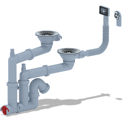 Сифон для мойки двойной со стальным выпуском, прямоугольным и круглым переливом, с отводом под стиральную машину 3.1/2"*40, "Ани Пласт", F3545S