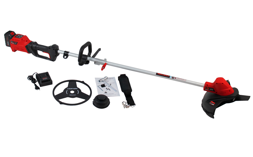 Триммер аккумуляторный бесщеточный Verton Garden Green Pro BBR-2030D (D-образ.руч,тип аккум.Li-Ion,напр-е 20В,емк.аккум.2-5А*ч,бесщеточный,мощн.двиг.400Вт,аккум.бат-я1шт(4.0Ah).зар.устр-во1шт,режущ.эл-т леска/нож, разб.штан,компл:нож,кат/леска,кожух)