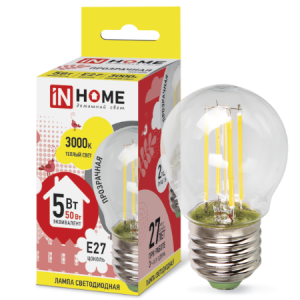 Лампа светодиодная &quot;IN HOME LED-шар deko&quot; Е27, 5Вт, 220В, 3000К, 450Лм, шар прозрачный