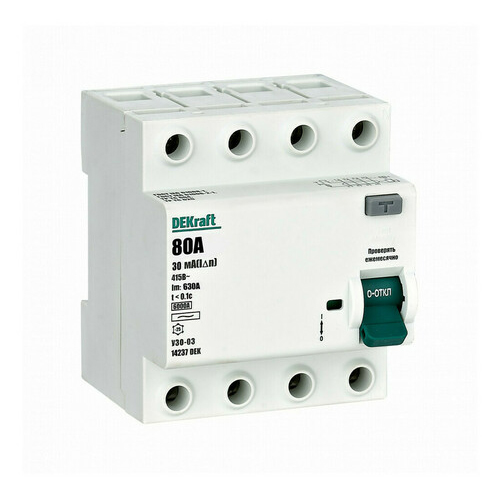 Выключатель дифференциального тока ВДТ 4P 80А 30мА, УЗО-03, 6,0кА  "DEKraft"