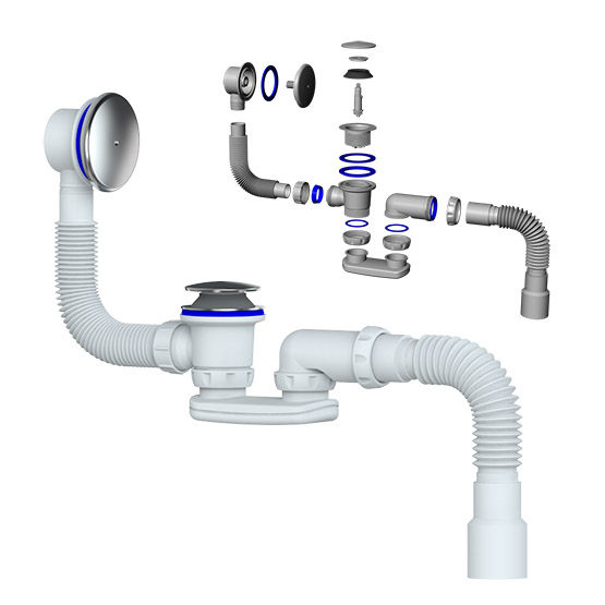 Сифон для ванны со стальным выпуском и регулируемым переливом, с гофрой 40*50, S122E, "Unicorn"