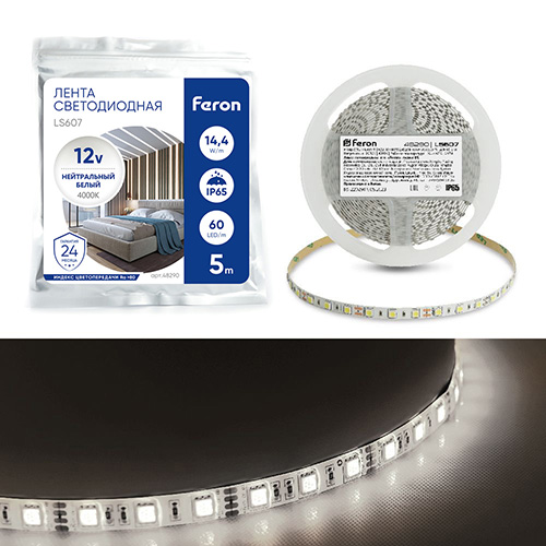 Лента светодиодная, 60SMD(5050)/m 14.4W/m 12V 5m 4000К, LS607 FERON