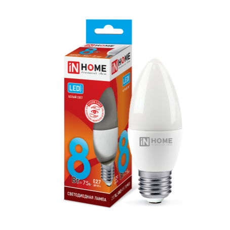 Лампа светодиодная  8Вт Е27 230В 4000К 720Лм LED-СВЕЧА-VC "IN HOME"