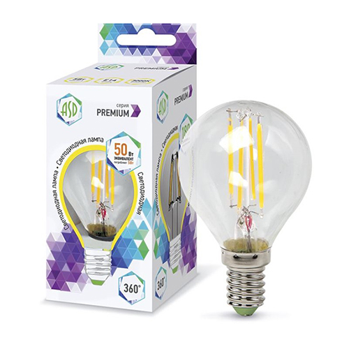 Лампа светодиодная  5Вт Е14 220В 4000К 450Лм шар прозрачный LED-P45-Premium &quot;ASD&quot;