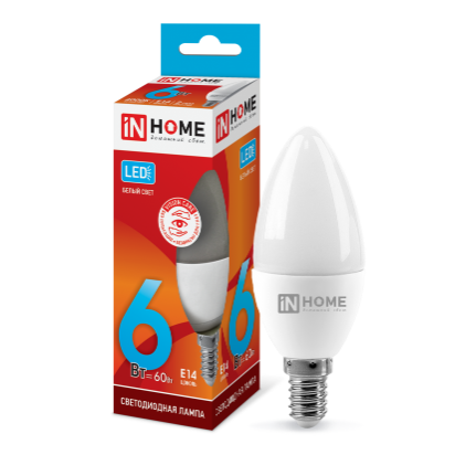 Лампа светодиодная 220В  6Вт Е14 4000К 570Лм LED-СВЕЧА-VC "IN HOME"