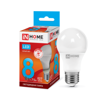 Лампа светодиодная A60  8Вт 230В Е27 4000К 760Лм "IN HOME"