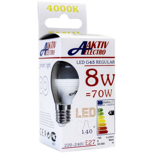 Лампа светодиодная  8Вт Е27 220В 4000К 700Лм шар матовый LED-G45-Regular &quot;AKTIV ELECTRO&quot;