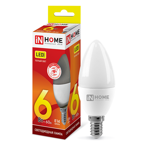 Лампа светодиодная 220В  6Вт Е14 3000К 540Лм свеча "IN HOME"