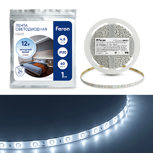 Лента светодиодная "Feron" LS603, 60SMD(2835), 12В, 1метр, 4.8Вт/м, IP20, белая 6500k