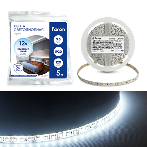 Лента светодиодная, 120SMD(2835)/m 9.6W/m 12V 5m 6500К, LS612 FERON