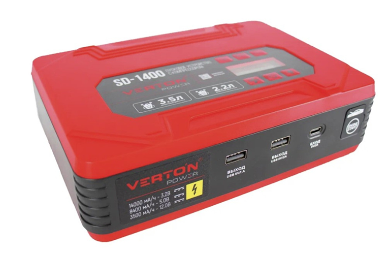 Пусковое устройство VERTON Energy SD-1400 (напр.сети 230В,макс. пуск. ток 900А,компрессор 5 атм, 22 л/мин,емкость 14000мА*ч/44,8Вт*ч,тип аккум. Li-Po,USB1:5В/1A,USB2:5В/2A,кол-во USB:2шт)